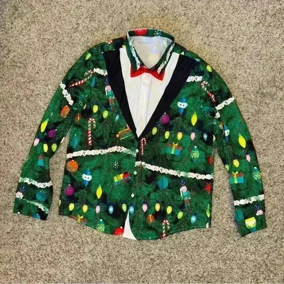 Christmas Tree Men’s Long Sleeve Button Up Shirt Size L Green Red White Black - Picture 8 of 9